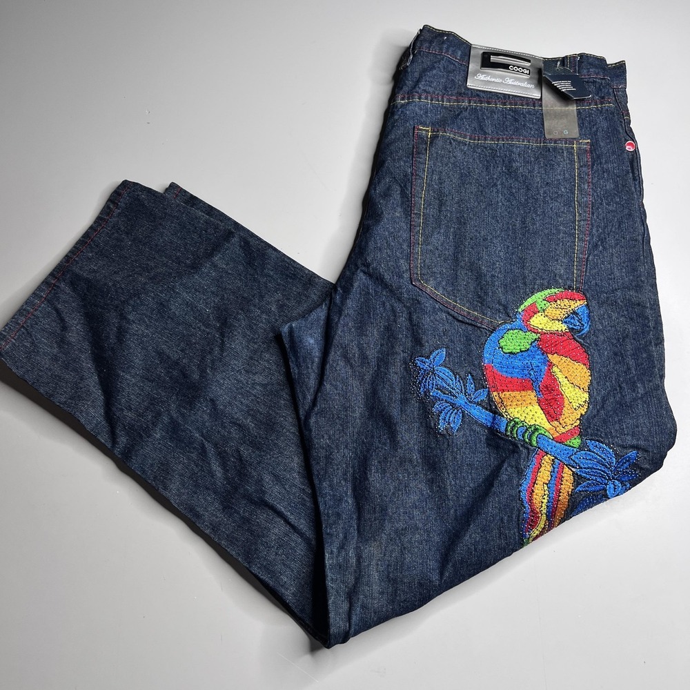 COOGI Jeans Mens 44x34 Blue Relaxed Straight Parrot‎ Embroidered Pockets Denim